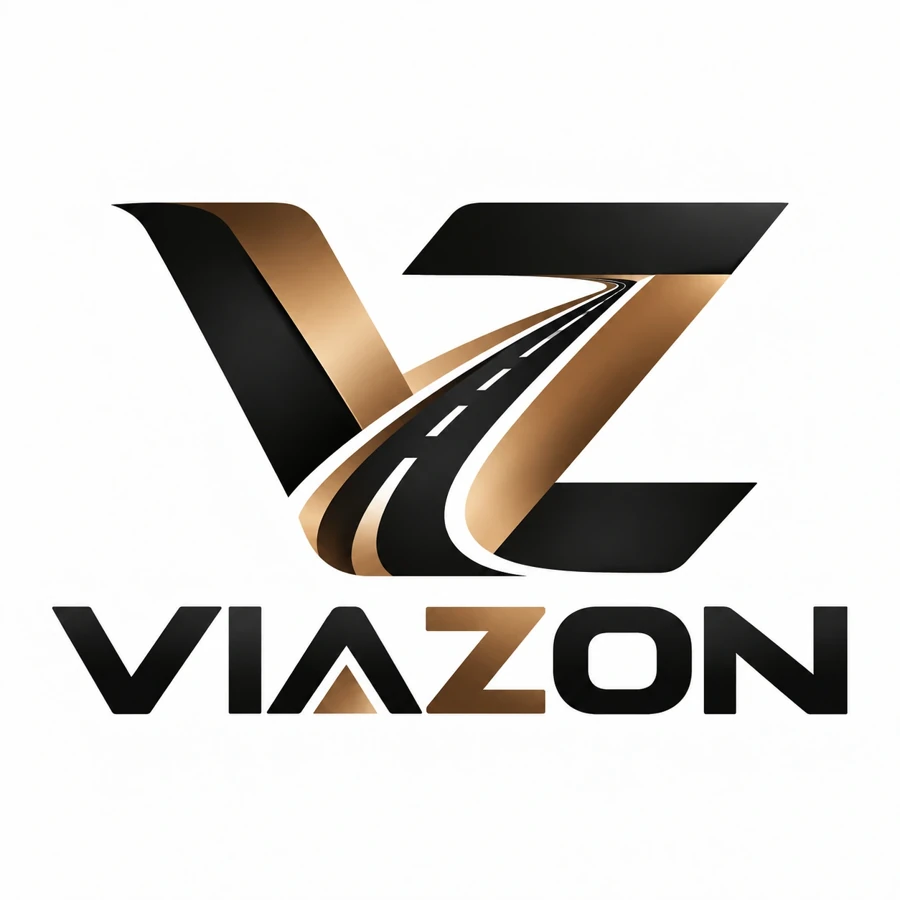 Logotipo VIAZON, monograma VZ negro y bronce con una carretera central