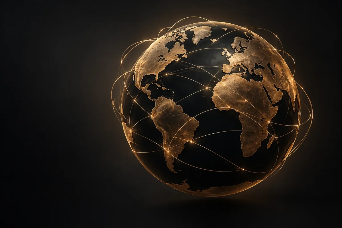 Ilustración conceptual de un globo negro y bronce con rutas de conexión